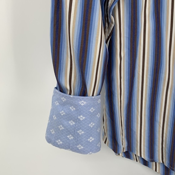 Robert Graham blue brown stripe men shirt button cotton flip cuff Medium M - Picture 4 of 7